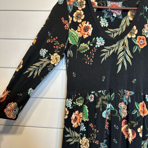 Johnny Was Bamboo Dress Small Ardell 3/4 Sleeve Tiered Knee Length Black Floral - Picture 5 of 10